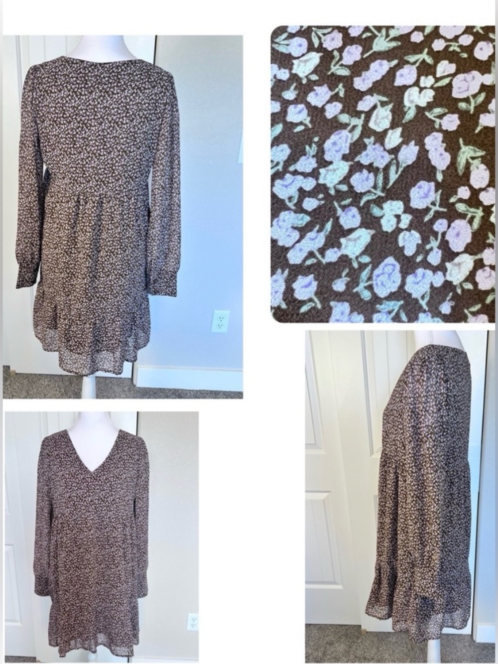 Paper Crane Ditsy Floral NWT Brown Pink/Lavender Floral Lined Dress Sz Small